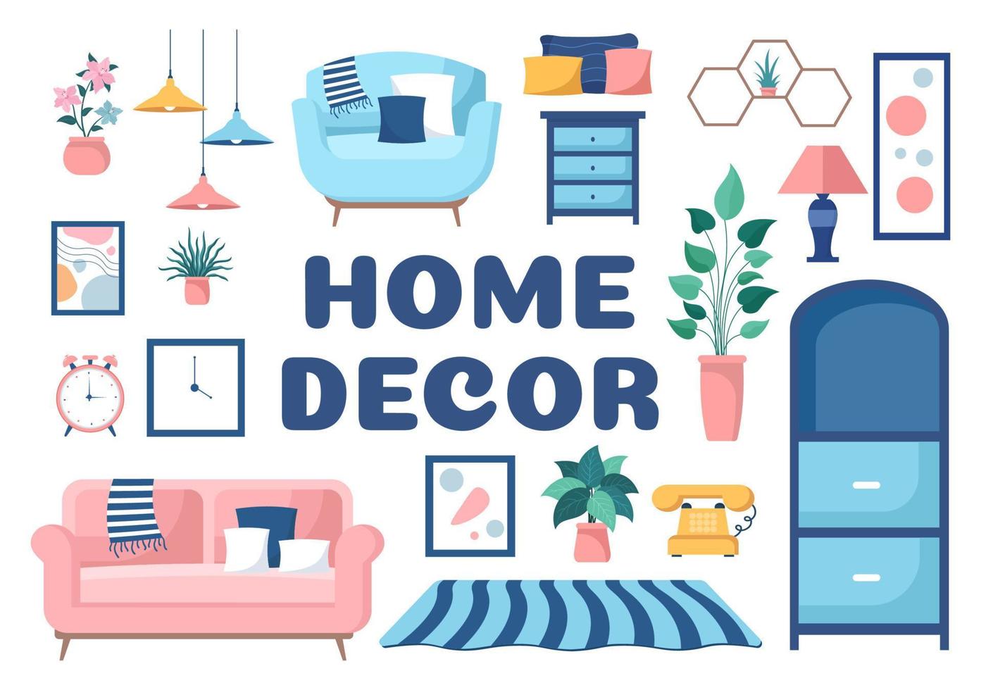 plantilla de decoración del hogar ilustración de dibujos animados dibujados a mano el conjunto de muebles e interior de la sala de estar en un diseño de estilo plano vector