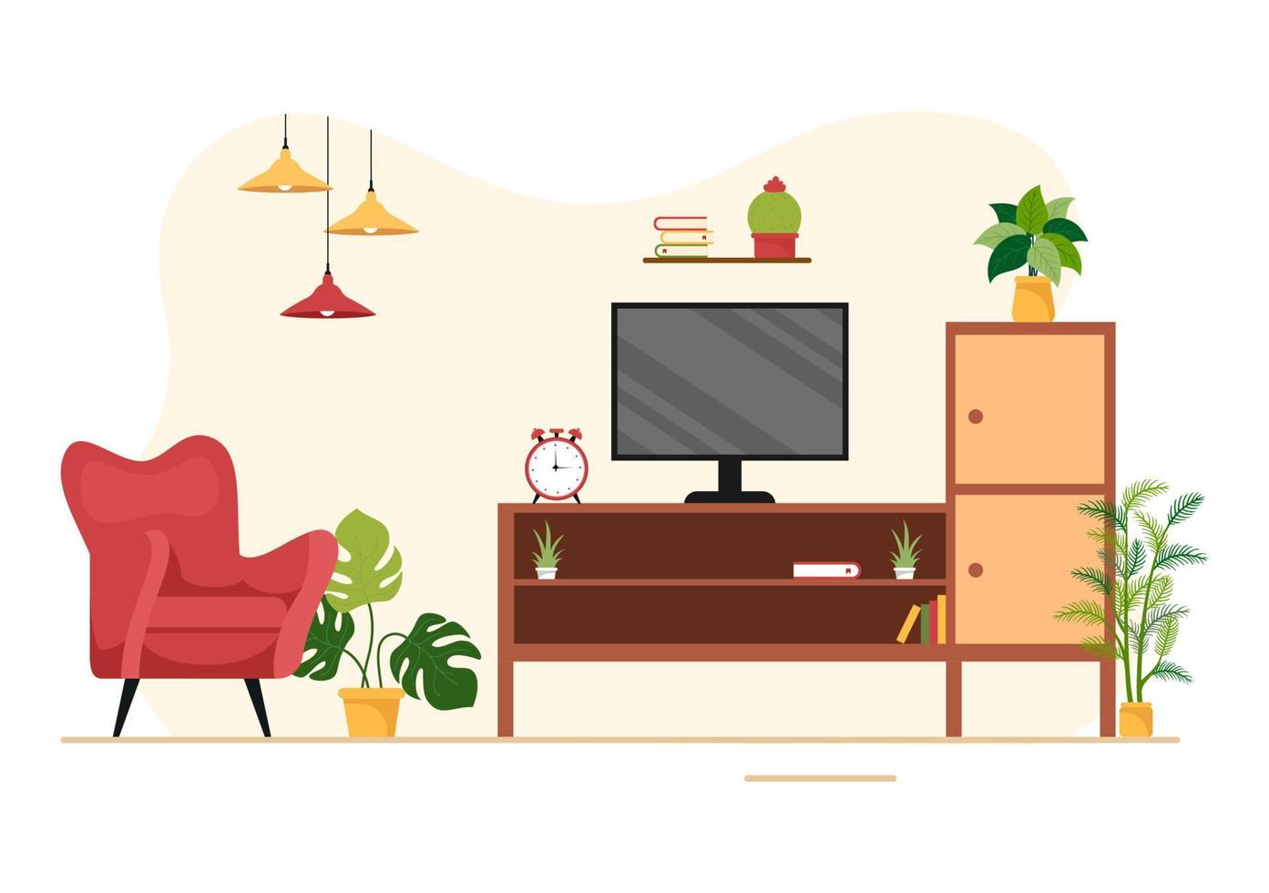 plantilla de decoración del hogar ilustración de dibujos animados dibujados a mano el conjunto de muebles e interior de la sala de estar en un diseño de estilo plano vector