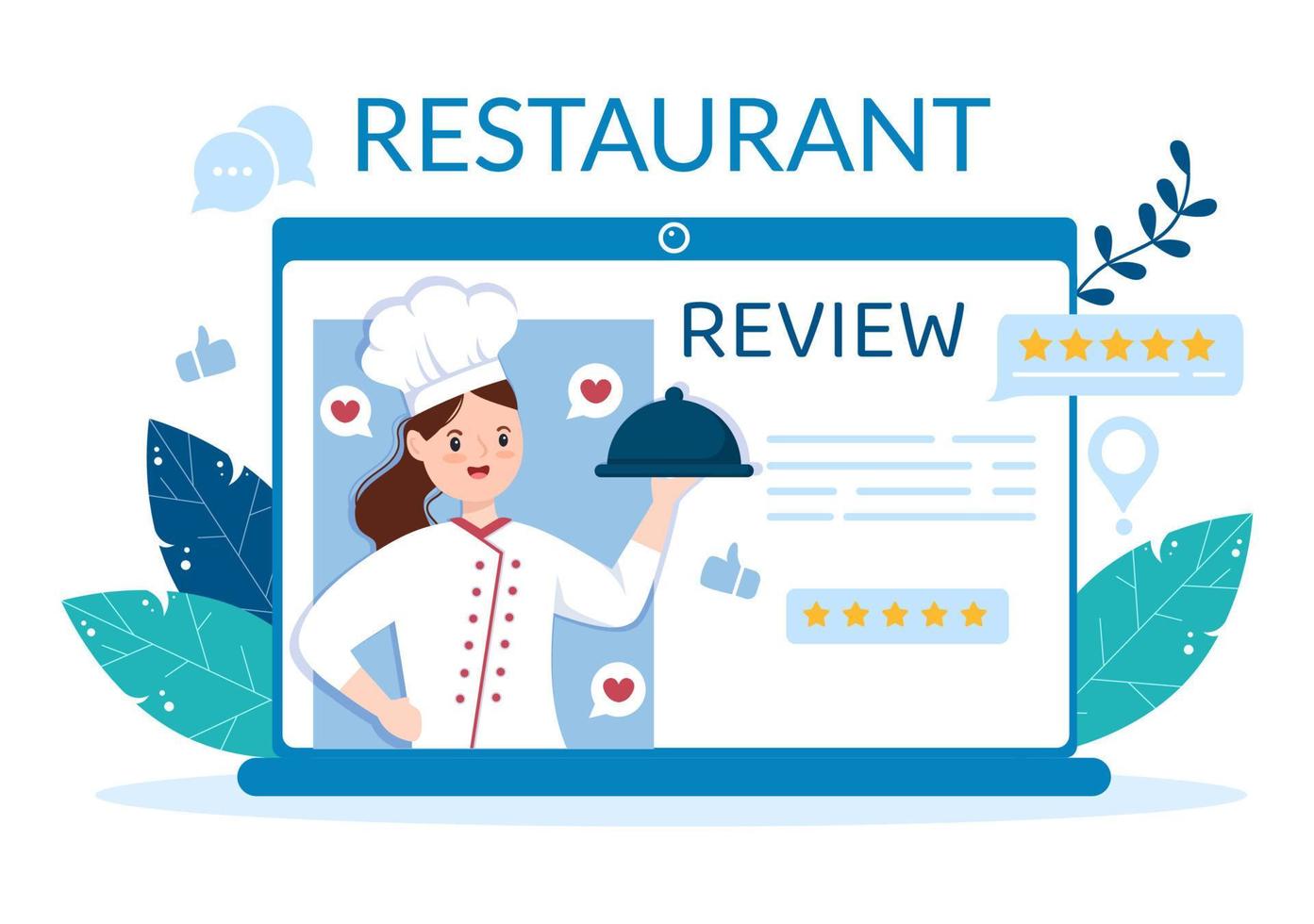 plantilla de revisión de calificación de restaurante ilustración plana de dibujos animados dibujados a mano con comentarios de clientes, estrella de calificación, opinión de expertos y encuesta en línea vector
