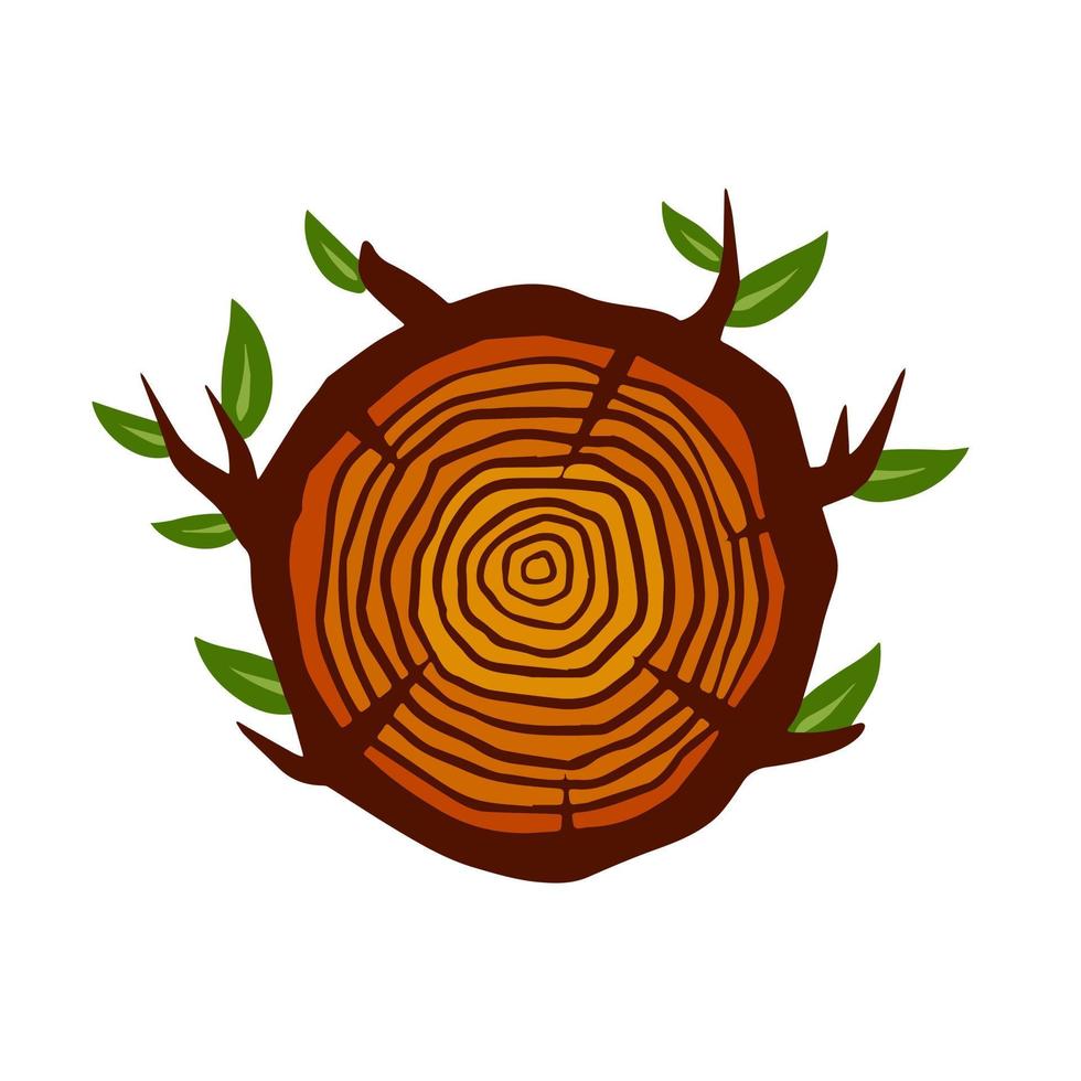 tronco de árbol cortado. sección transversal del tocón. patrón circular concéntrico en madera marrón. maderero e icono de la industria de la carpintería. rama con hojas vector