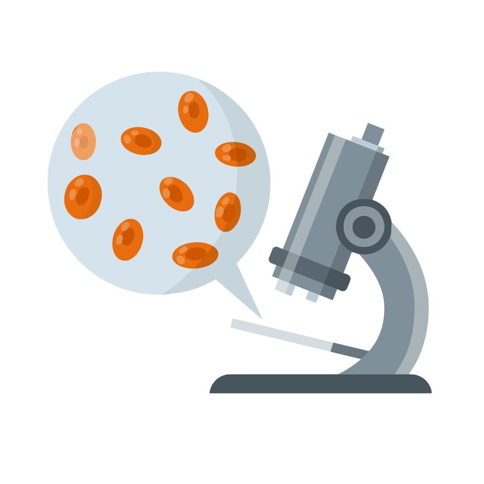 Microscope. Scientific equipment of laboratory. Study of microcosm. Education and science. Magnifying glass. Blood cell. Test and research. Flat icon vector