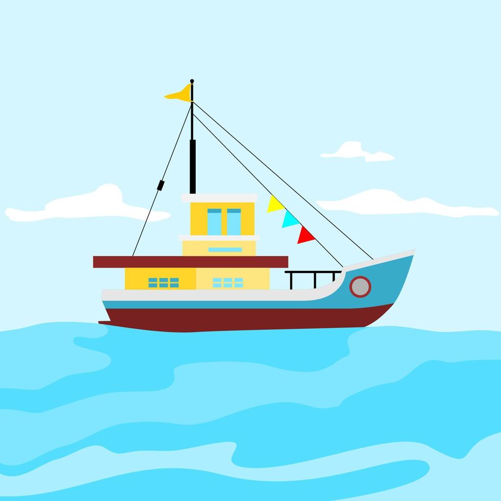 barco de vista lateral editable en la ilustración de vector de mar con cielo nublado para la naturaleza o vehículo de transporte y diseño relacionado con la educación histórica