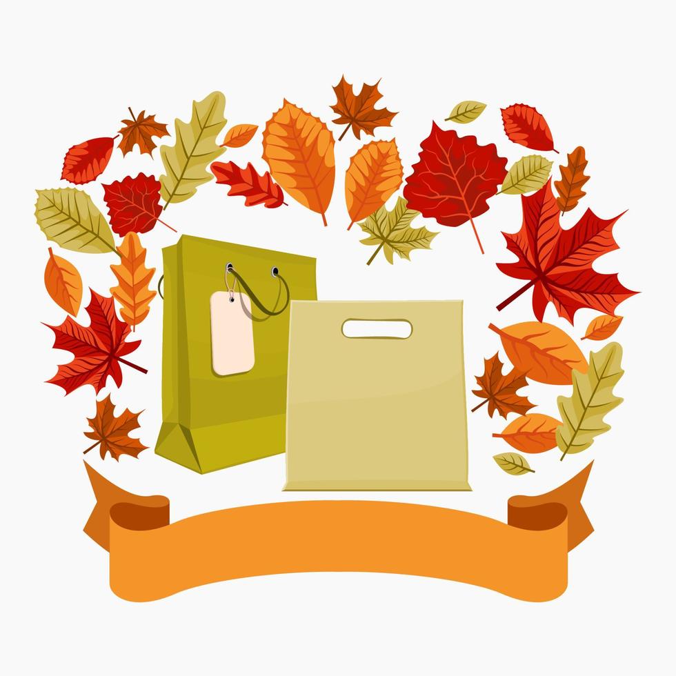 Editable Shopping Bags and Ribbon With Various Leaves Vector Illustration for Thanksgiving and  Autumn Seasonal Marketing Concept