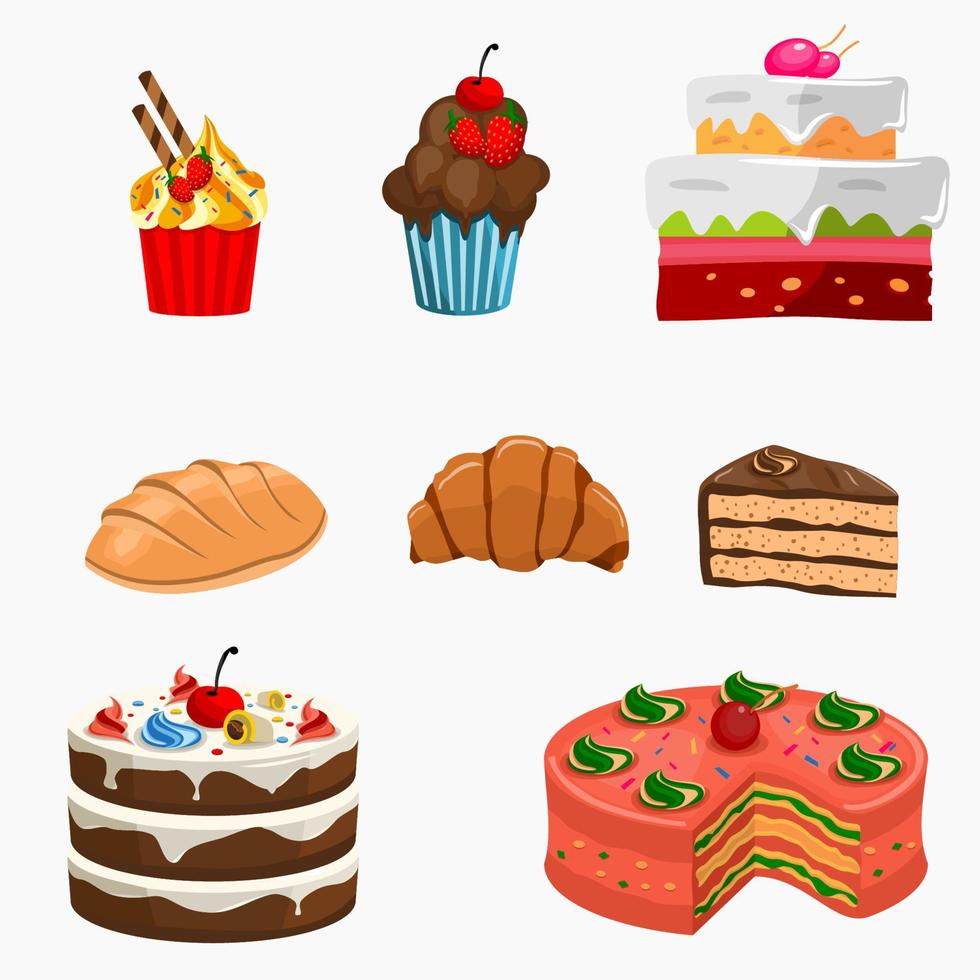 Editable Various Detailed Cakes and Breads Vector Illustration for Restaurant or Cake Shop and Bakery Marketing or Food Related Design