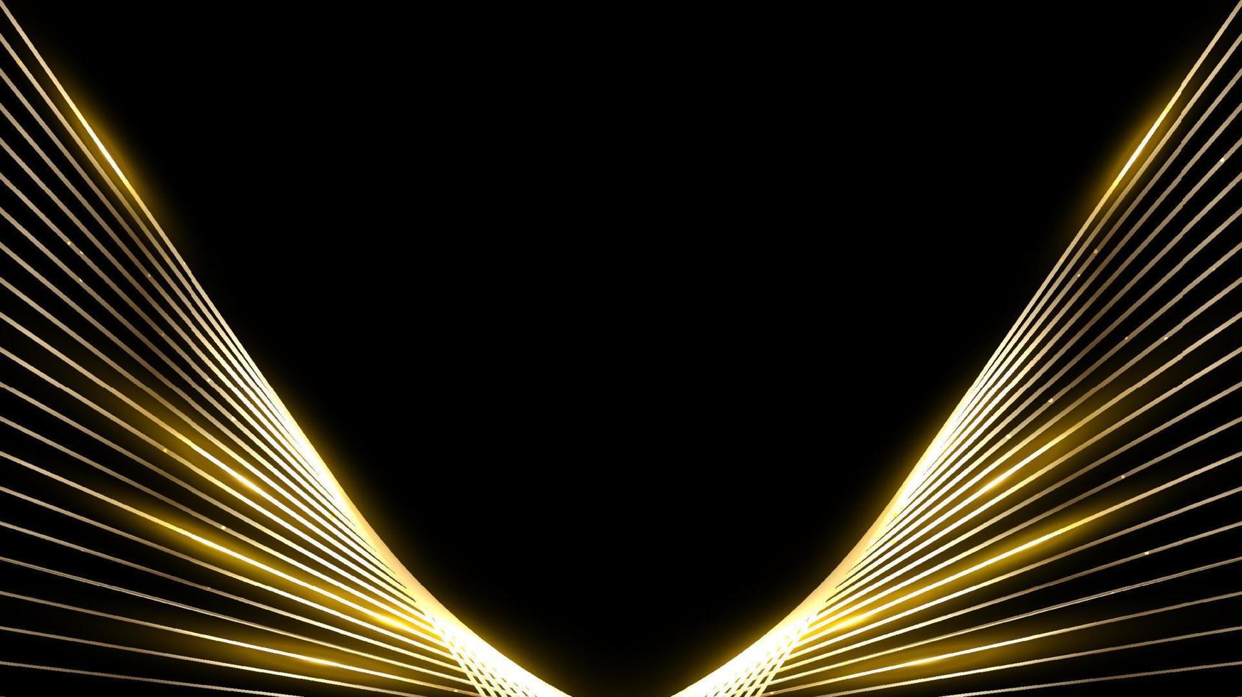 Abstract template golden wing lines pattern decoration with gold glitter and lighting effect isolated on black background luxury style vector