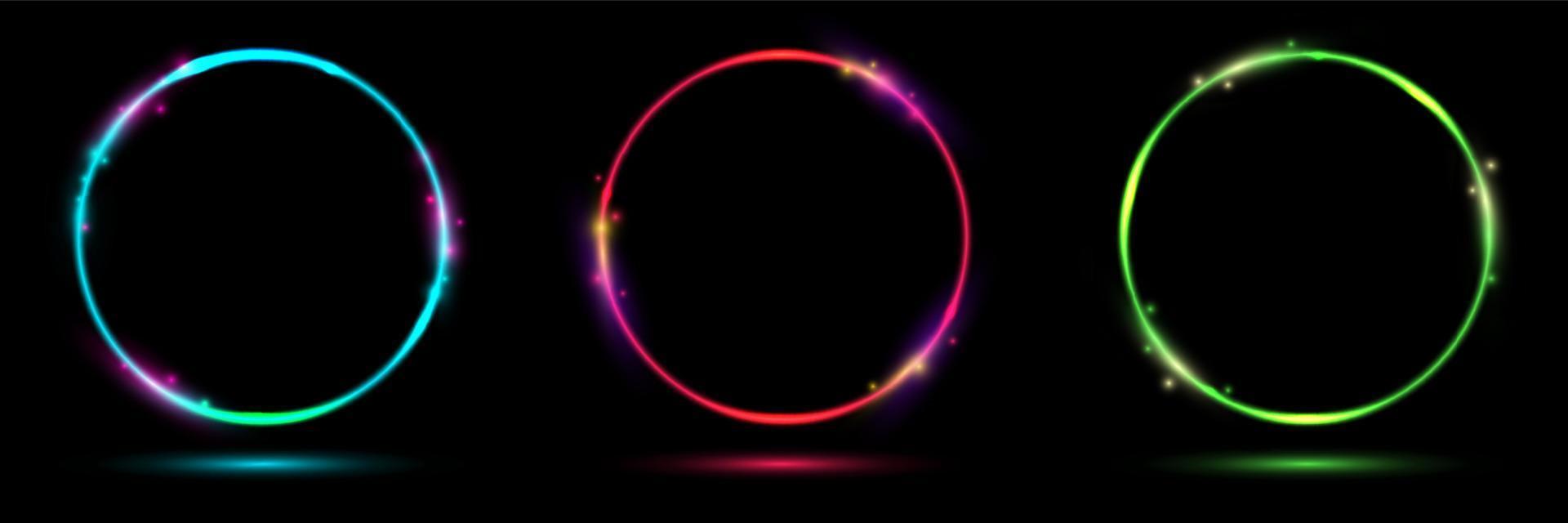 Set of glowing neon color circles round curve shape with lighting effect isolated on black background technology concept vector