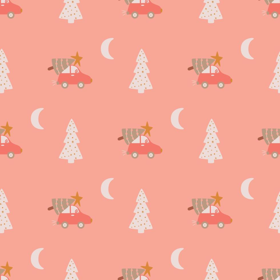 Pink Christmas seamless pattern with cars and Christmas trees. Cartoon winter holiday car in forest. Pastel pink New Year vector illustration. Hand drawn car xmas tree. Christmas tree on toy car.