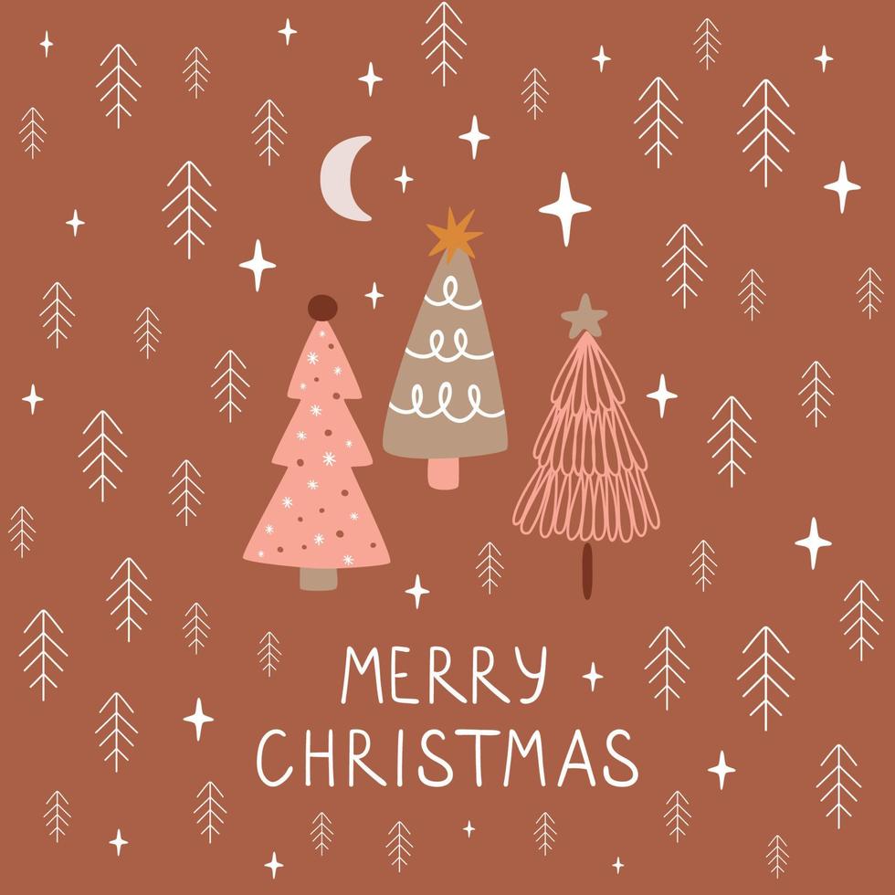 cartel escandinavo pastel feliz navidad. árbol de navidad con texto de saludo. tarjeta de noche de año nuevo. escena del bosque de invierno. ilustración de vector de vacaciones de navidad infantil. diseño nórdico rosa.