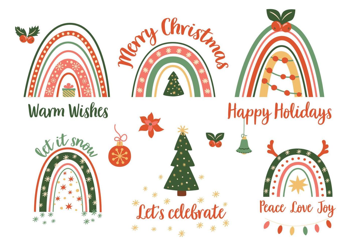 Christmas rainbow set. New Year decorative elements isolated Christmas phrases collection. Funny Christmas holiday rainbow illustration. Vector doodle design clipart. Green and red Christmas elements.