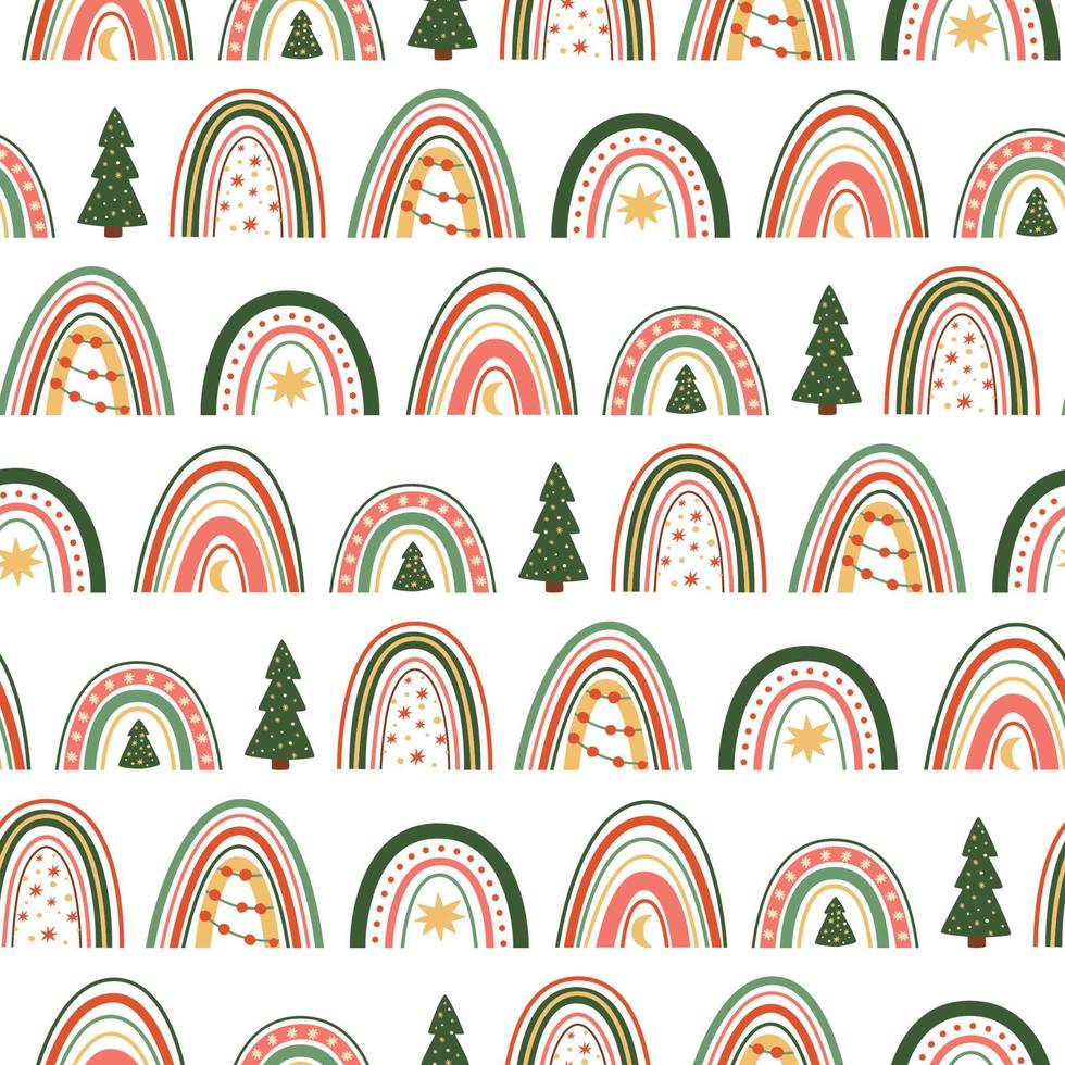 Christmas rainbows pattern. Christmas rainbows wallpaper, traditional green rainbows, fir tree decorative seamless background. New Year doodle rainbow winter holiday celebration. Vector illustration.