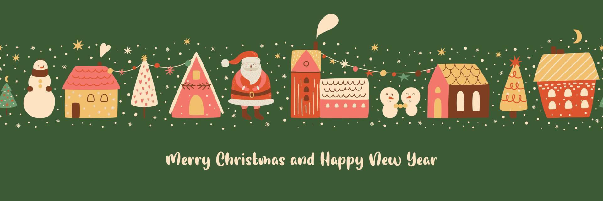 Christmas border cartoon. Cute Christmas village decorative border. Happy New Year seamless borders. Santa Claus, christmas tree, snowman childish New Year endless frame. Vector design template.