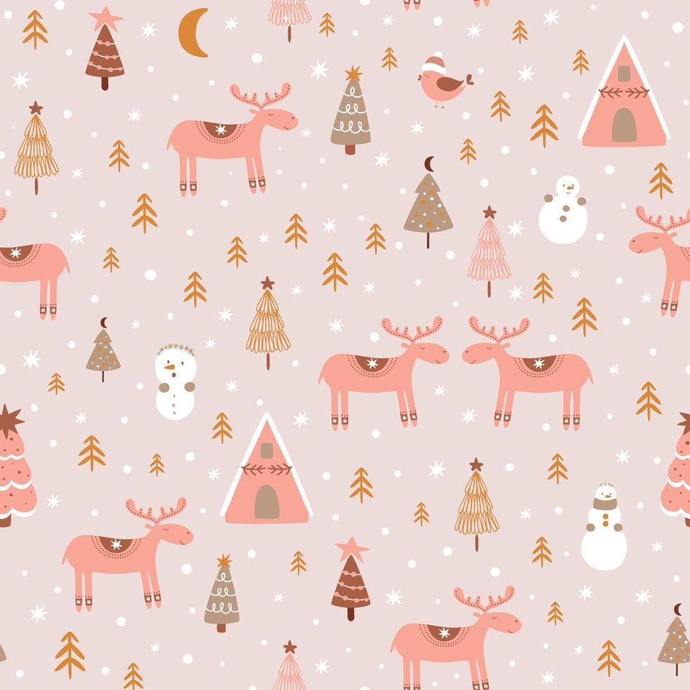 Pink Christmas pattern. Christmas deer in forest. Magical winter background. Outdoor winter landscape. Winter village illustrations. Childish vector background. Building, snowmen, tree, cute reindeer