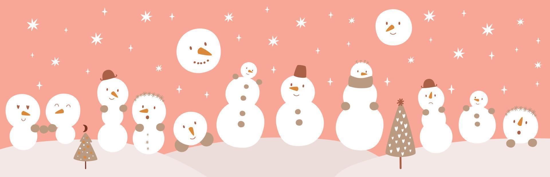 conjunto de muñeco de nieve. imágenes prediseñadas de muñeco de nieve, linda cara de muñeco de nieve. divertido personaje de feliz navidad. fondo de navidad rosa. ilustración vectorial sonrisa hombre de hielo. colección infantil. vector