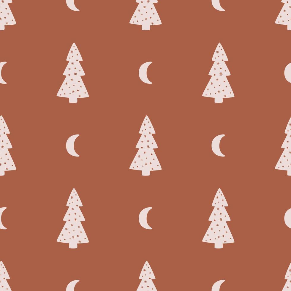 Christmas tree pattern. Winter forest seamless background. Christmas night forest with moon. Childish hand drawn fir tree textile design. Vector winter illustration. Decorative nature design.