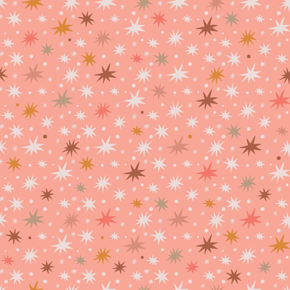 patrón transparente de navidad rosa. estrellas de fondo de navidad rosa, copos de nieve. papel de vacaciones de confeti. fondo rosa pastel. ilustración vectorial fondo de pantalla de estrella infantil dibujado a mano. fiesta de Año Nuevo. vector