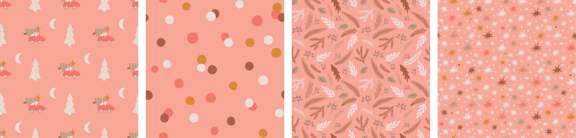 conjunto de patrones de navidad rosa. estrellas de fondo de navidad rosa, copos de nieve, ramas de abeto, florales. papel de vacaciones de confeti. ilustración vectorial rosa pastel. impresiones de año nuevo, papel tapiz, paquete de diseño gráfico. vector