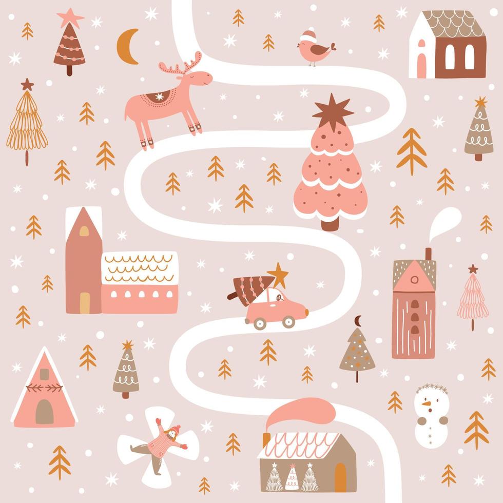 Pink Christmas outdoor poster. Christmas map. New Year landscape with road, car, Christmas tree, houses, deer, snowman, nature. Magical winter outdoor scene. Cute winter holidays vector illustration.