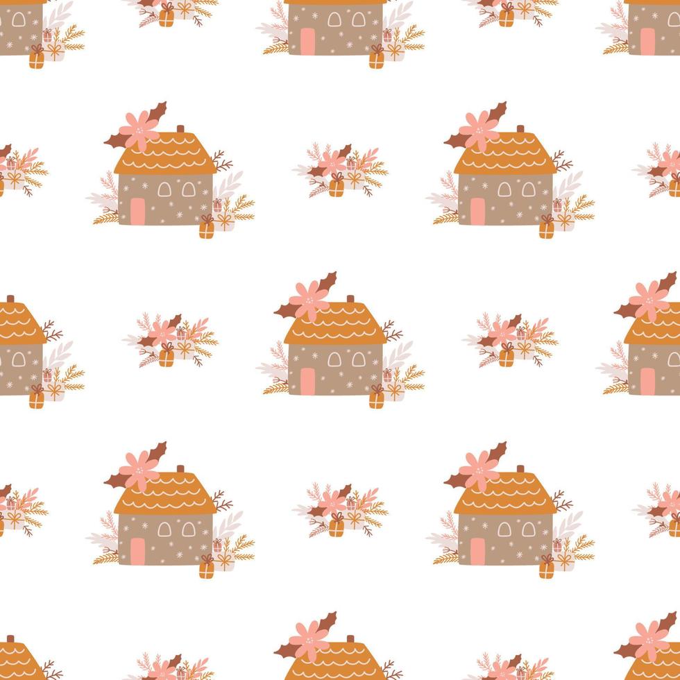 Floral Christmas houses seamless pattern. Decorative Christmas houses, gifts repeated background. New Year village countryside design. Floral Christmas vector illustration. Pink hand drawn wallpaper.