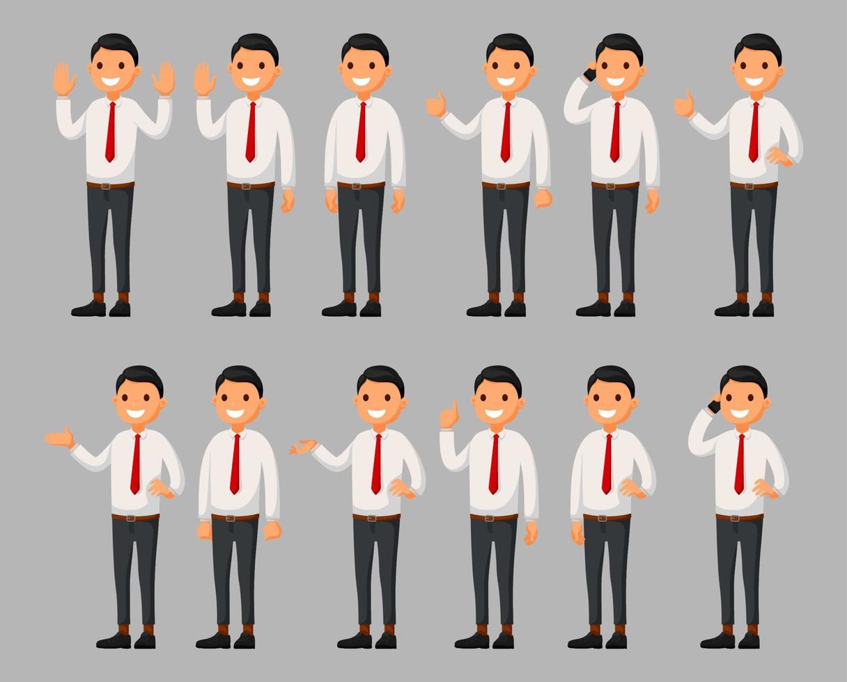 Set of businessman cartoon in a white suit with different poses. Vector illustration in a flat style