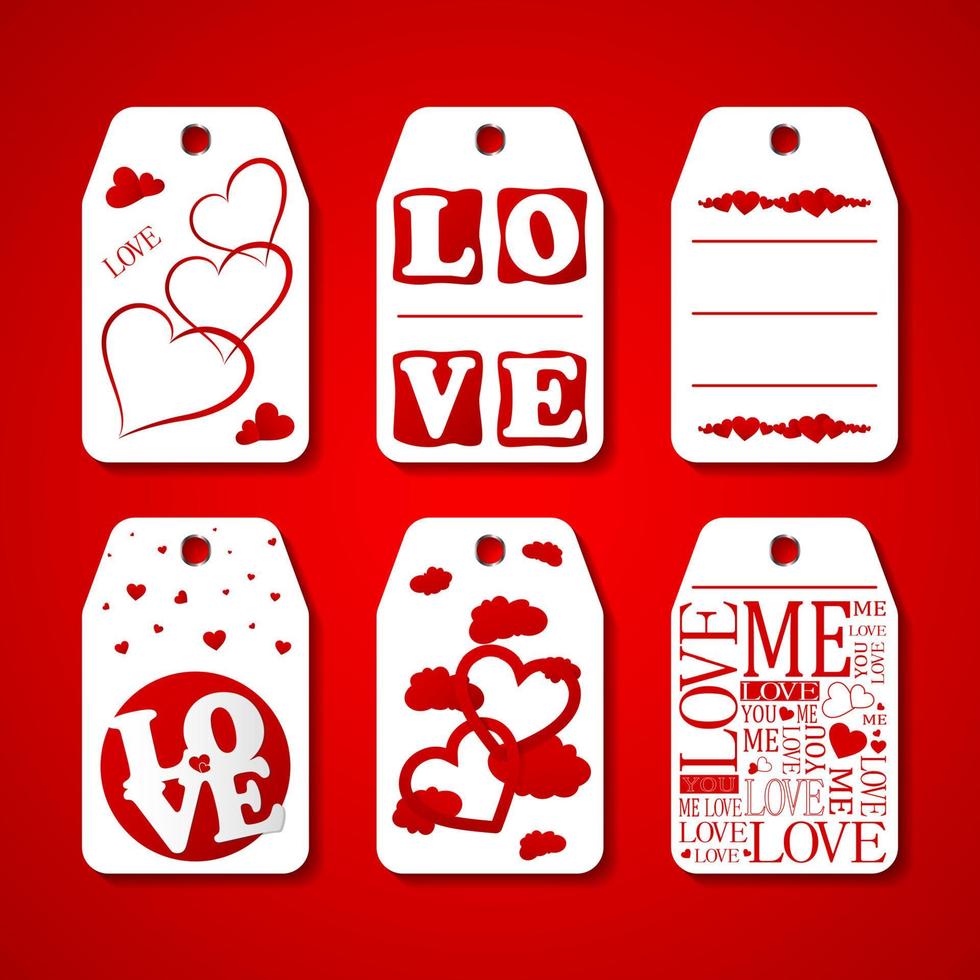 colección de etiquetas de regalo de feliz día de san valentín. conjunto de etiquetas navideñas dibujadas a mano en blanco y rojo. diseño de placa romántica vector