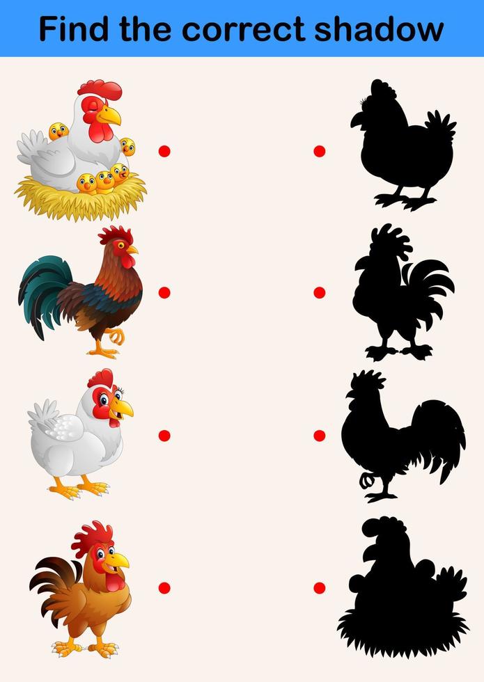 Find the correct shadow, farm animals chicken and rooster vector