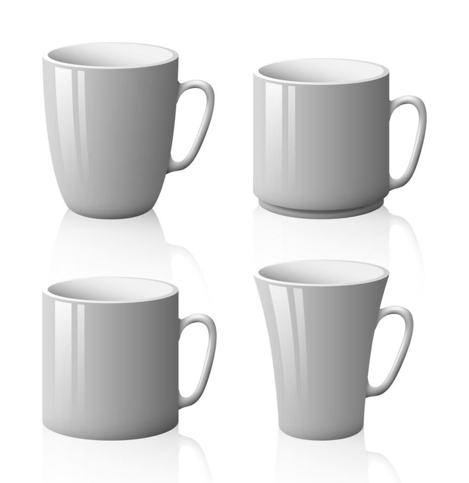 conjunto de tazas blancas aisladas sobre fondo blanco vector