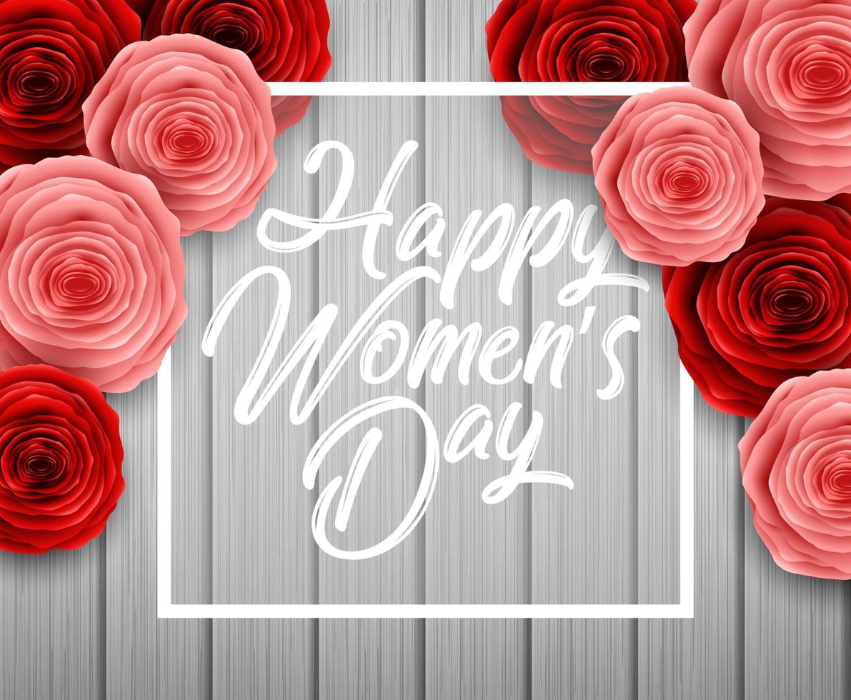 International Happy Women's Day greeting card with roses flowers and white paper space for text on wooden background vector