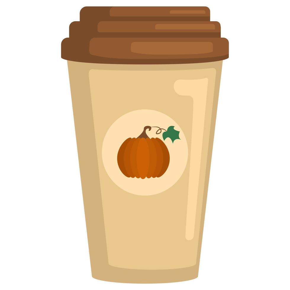 Pumpkin spice latte. Autumn coffee beverage. Paper cup with plastic lid to go. Vector illustration for cafe menu and banners