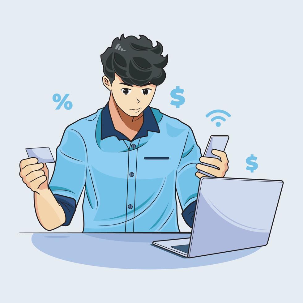 Manage money concept. Young businessman using laptop computer mobile phone holding debit vector illustration free download