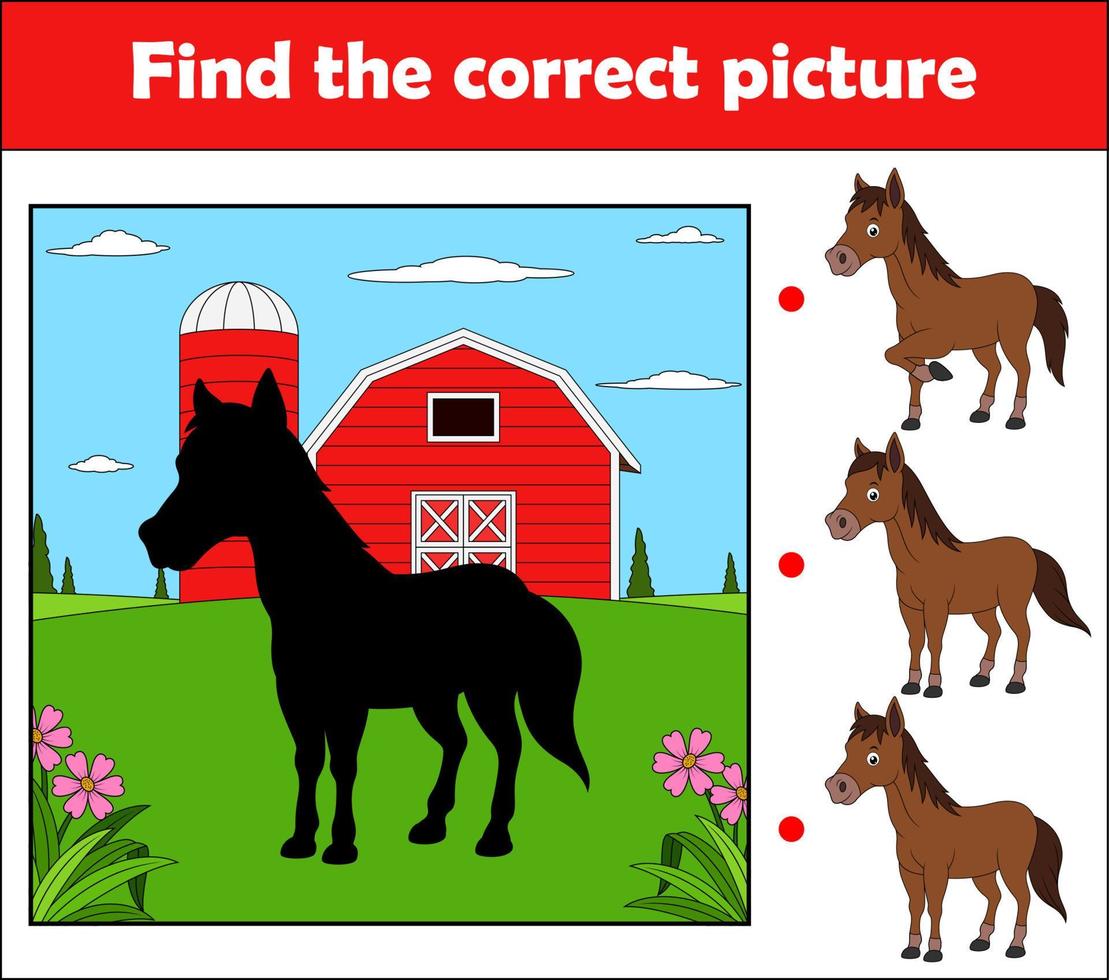 encuentra la imagen correcta, juego educativo para niños. caballo en la granja vector