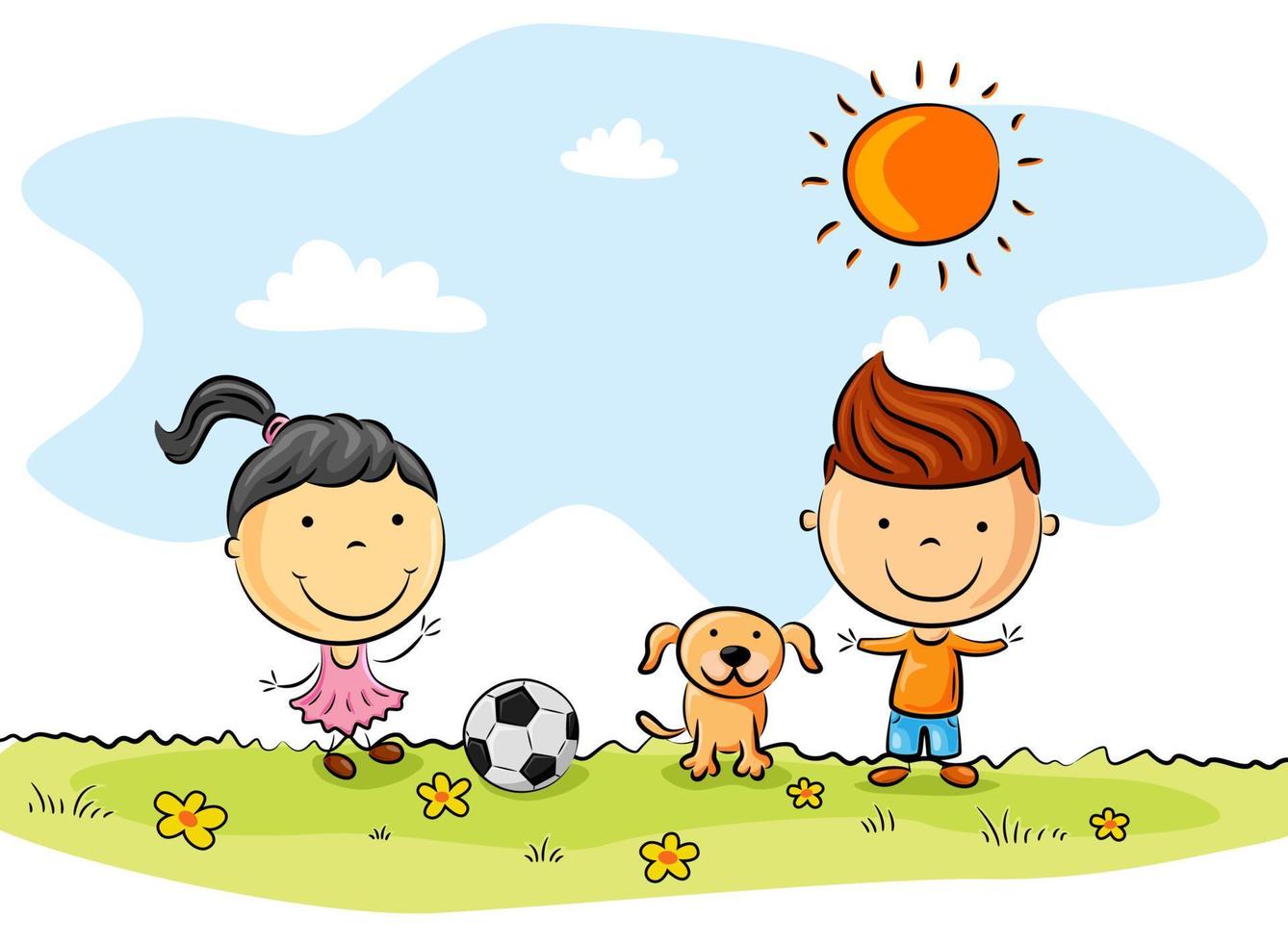 Children playing soccer with a dog in the park vector