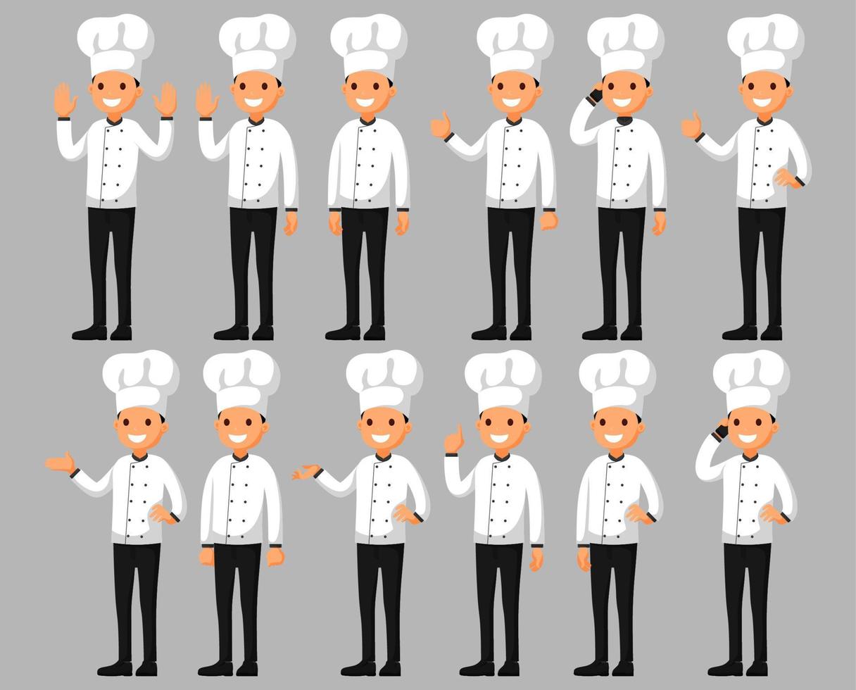 Set of a chef cartoon character in different poses. Vector illustration in a flat style