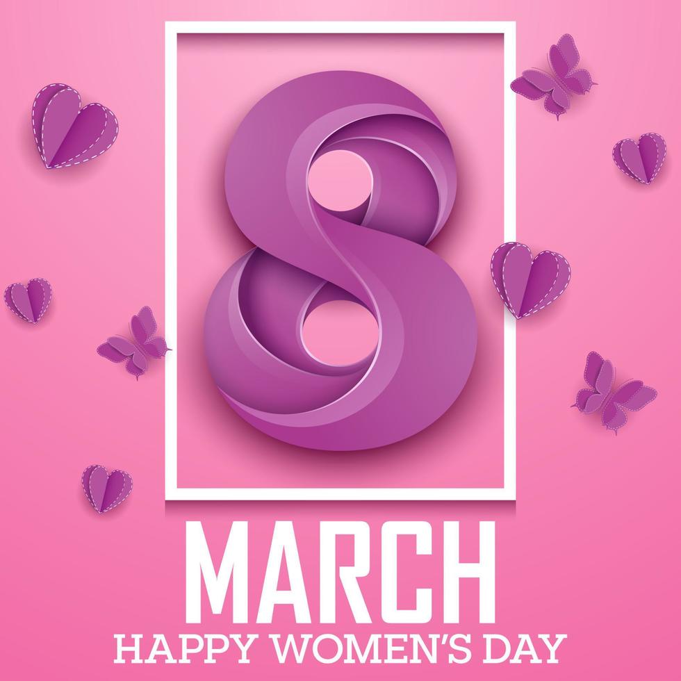 Happy international women's day greeting card with number purple eight in square frame and butterflies on pink background vector