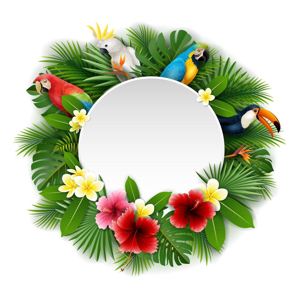 Round blank sign with birds collection and tropical plants background vector