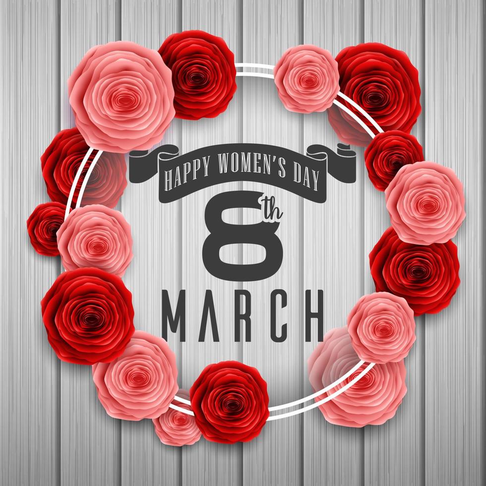 International Happy Women's Day with paper cutting butterflies, roses flowers and black round sign on wooden background vector