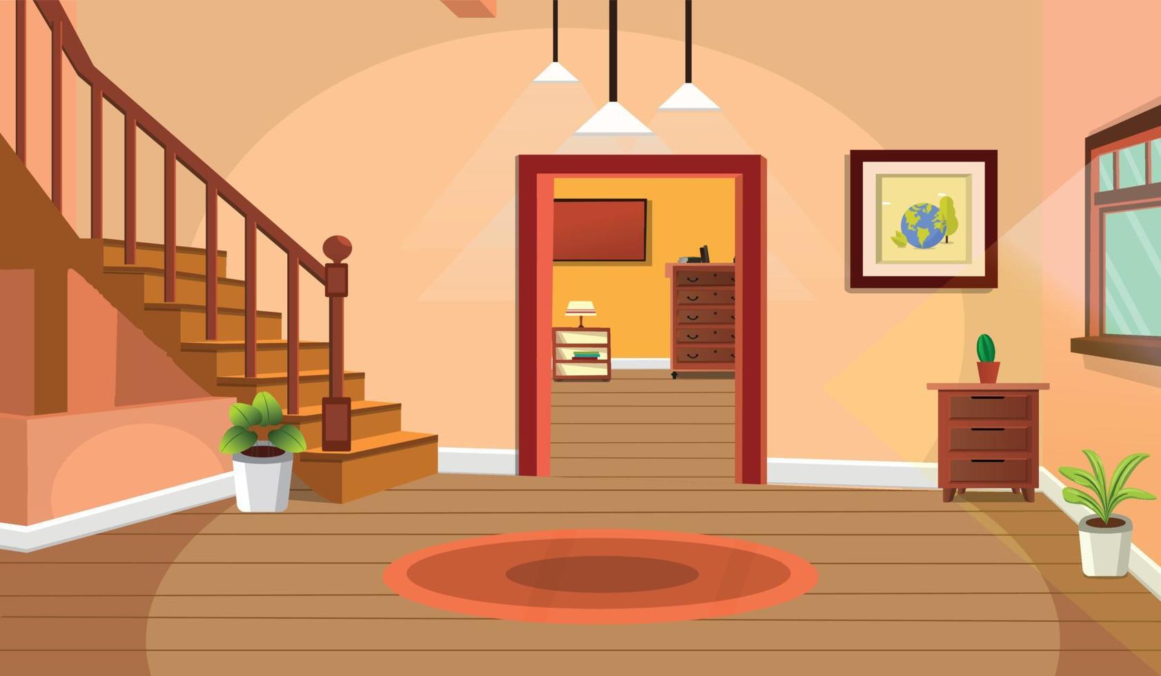 habitación interior, sala de dibujos animados, casa con muebles, escaleras, habitación de lujo para adolescentes, hogar para niños o niños. vector