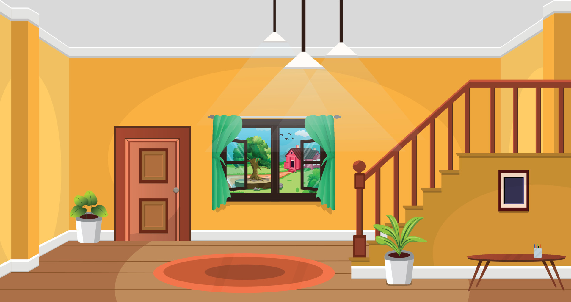 Room inside interior, Cartoon living room, House with furniture, stairs,  Teenage luxury room, Kid or child home. 11803091 Vector Art at Vecteezy