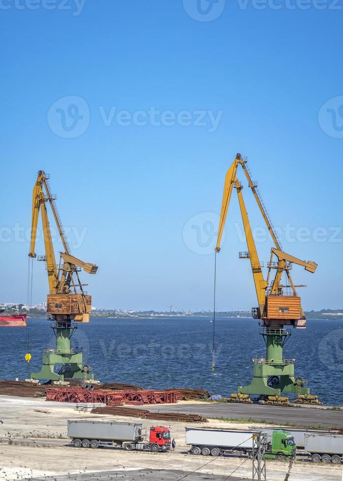 Port cranes ready to load containers from cargo ships. Vertical view photo
