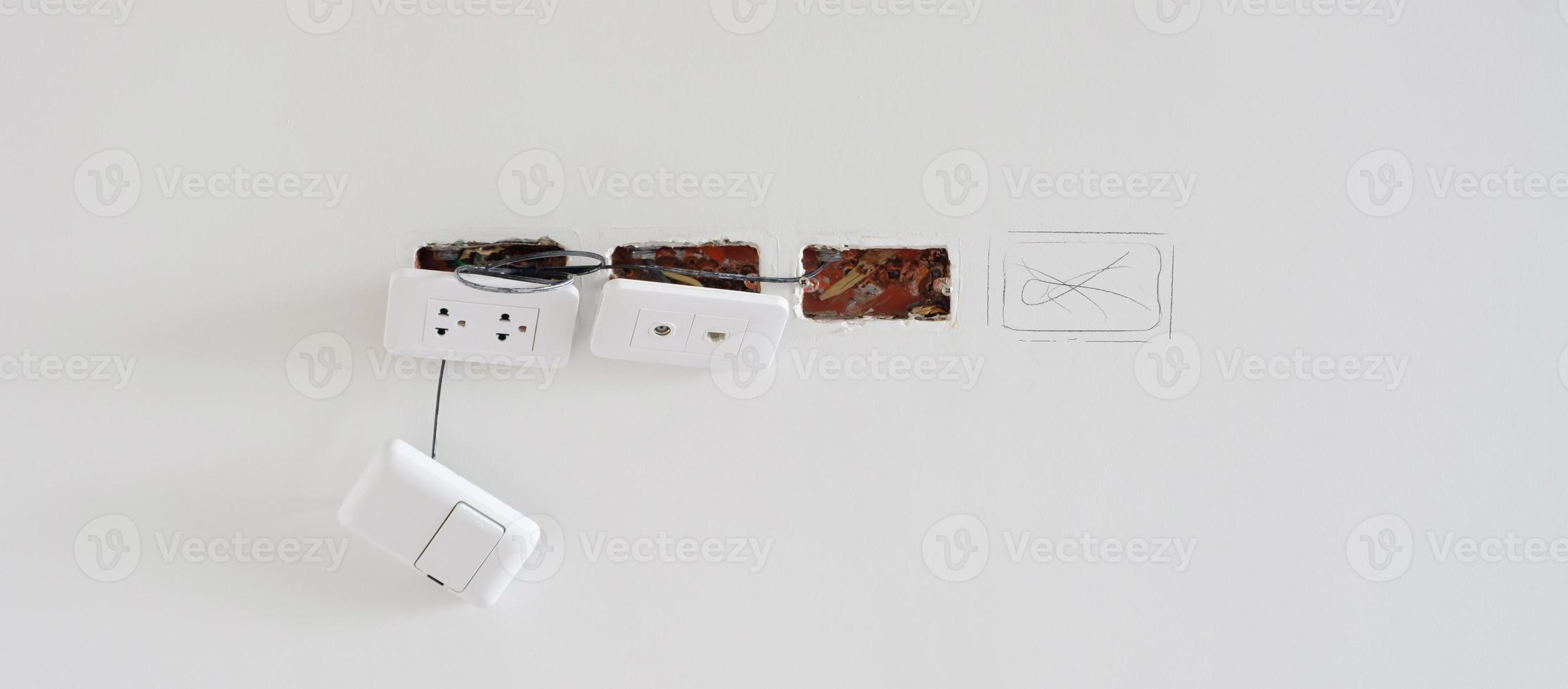 Electrical Wiring under plaster, hidden installation cables for socket to a concrete. Renovation, Repair and development of home and apartment concepts photo