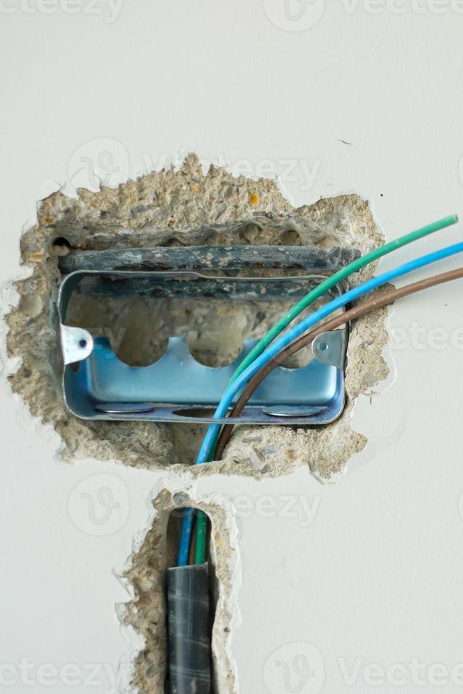 Electrical Wiring under plaster, hidden installation cables for socket to a concrete. Renovation, Repair and development of home and apartment concepts photo