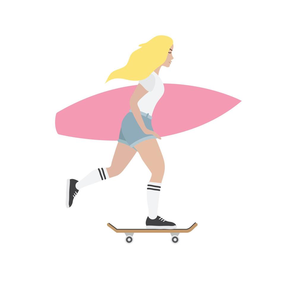 Vector flat girl woman riding a skate with surf