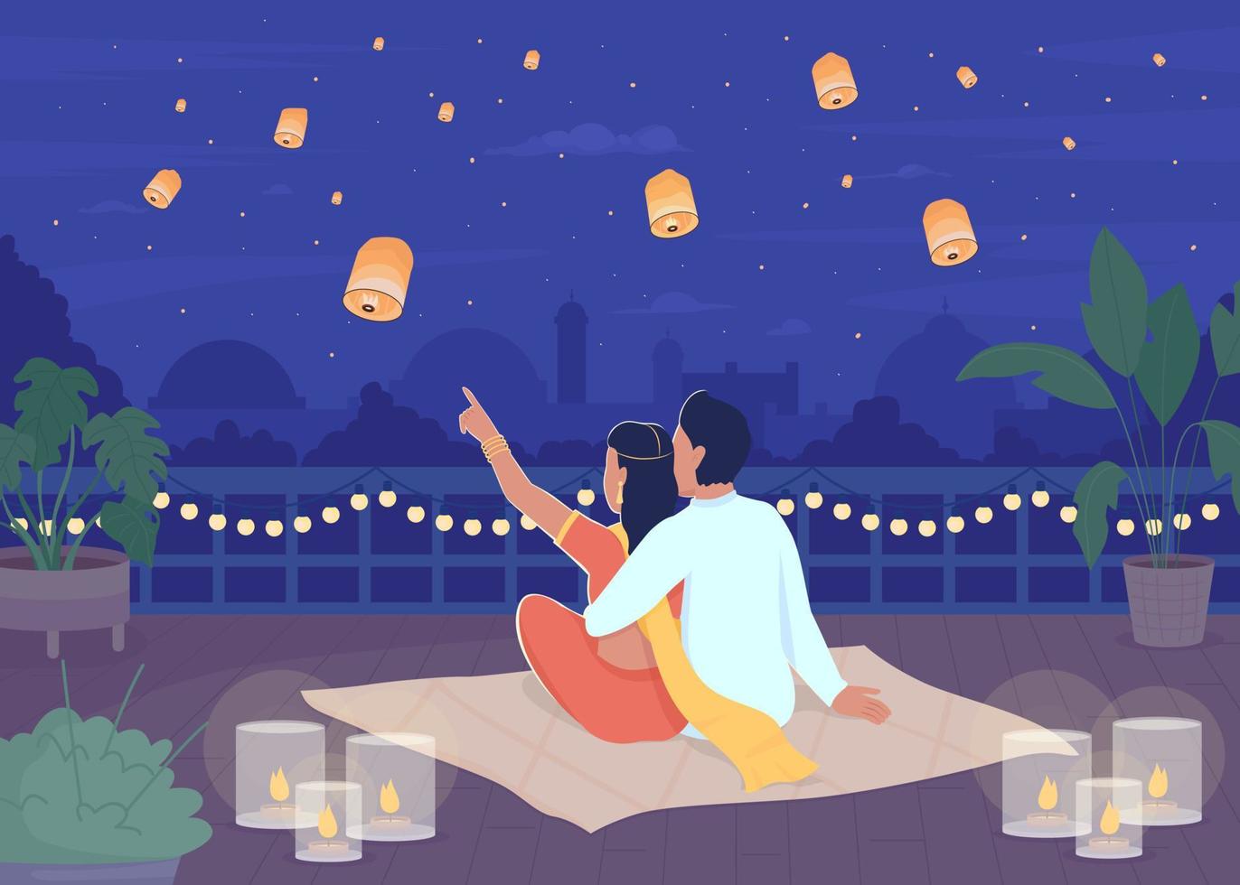 Watching lanterns in sky on Diwali flat color vector illustration. Couple enjoying holiday together on roof. Fully editable 2D simple cartoon characters with romantic atmosphere on background