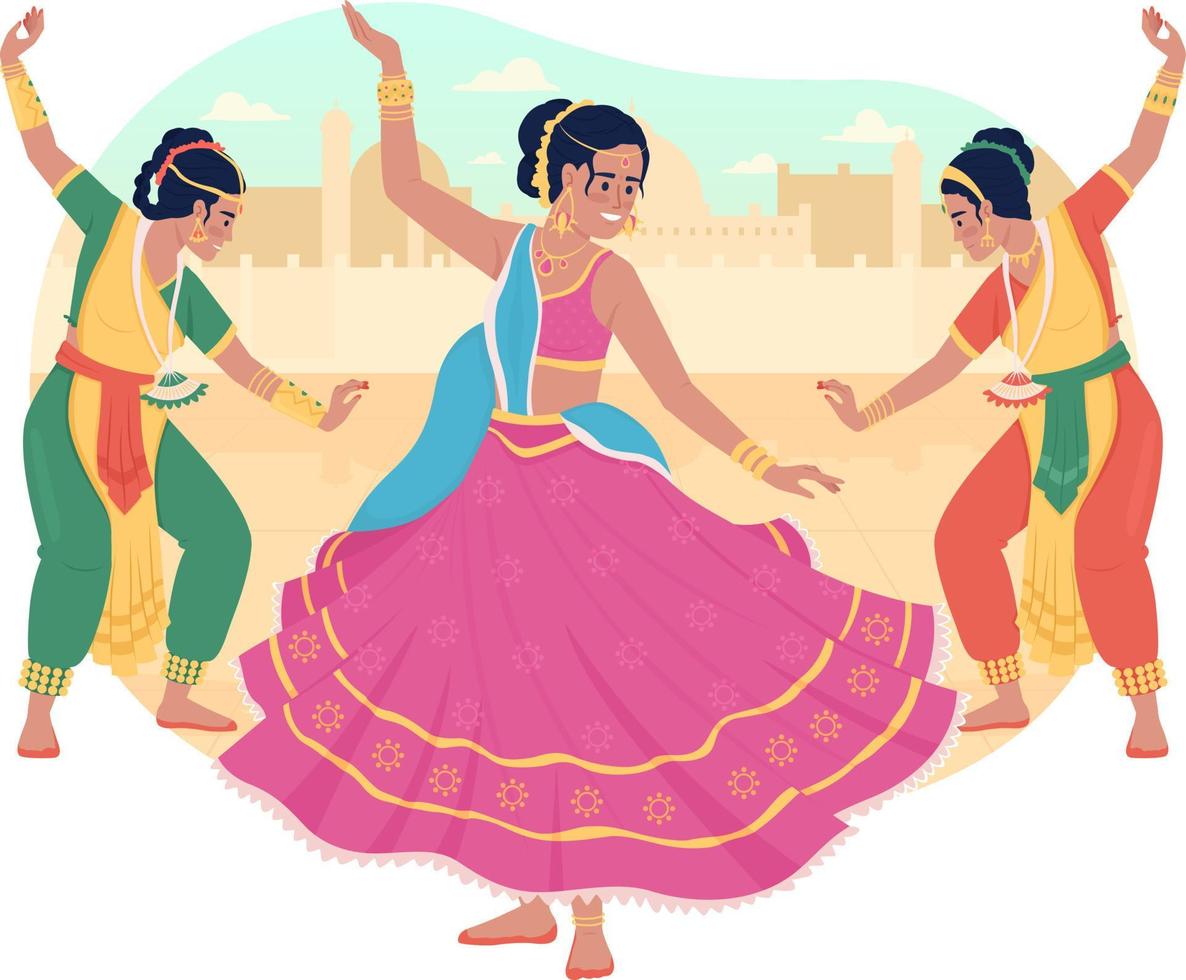 tradición de danza folclórica en diwali 2d vector ilustración aislada. mujeres bailando juntos personajes planos sobre fondo de dibujos animados. colorida escena editable para móvil, sitio web, presentación