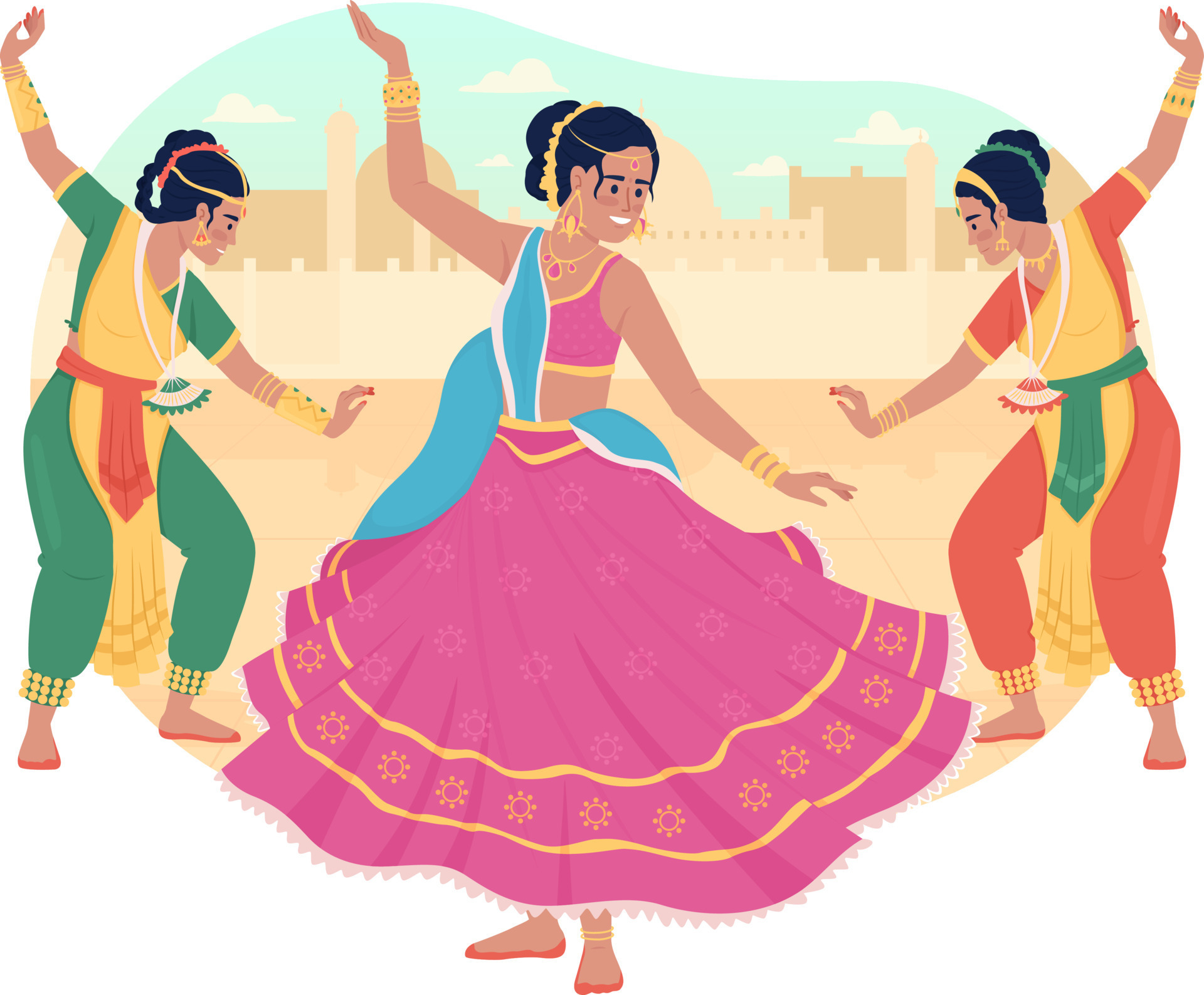 Folk dance tradition on Diwali 2D vector isolated illustration. Women