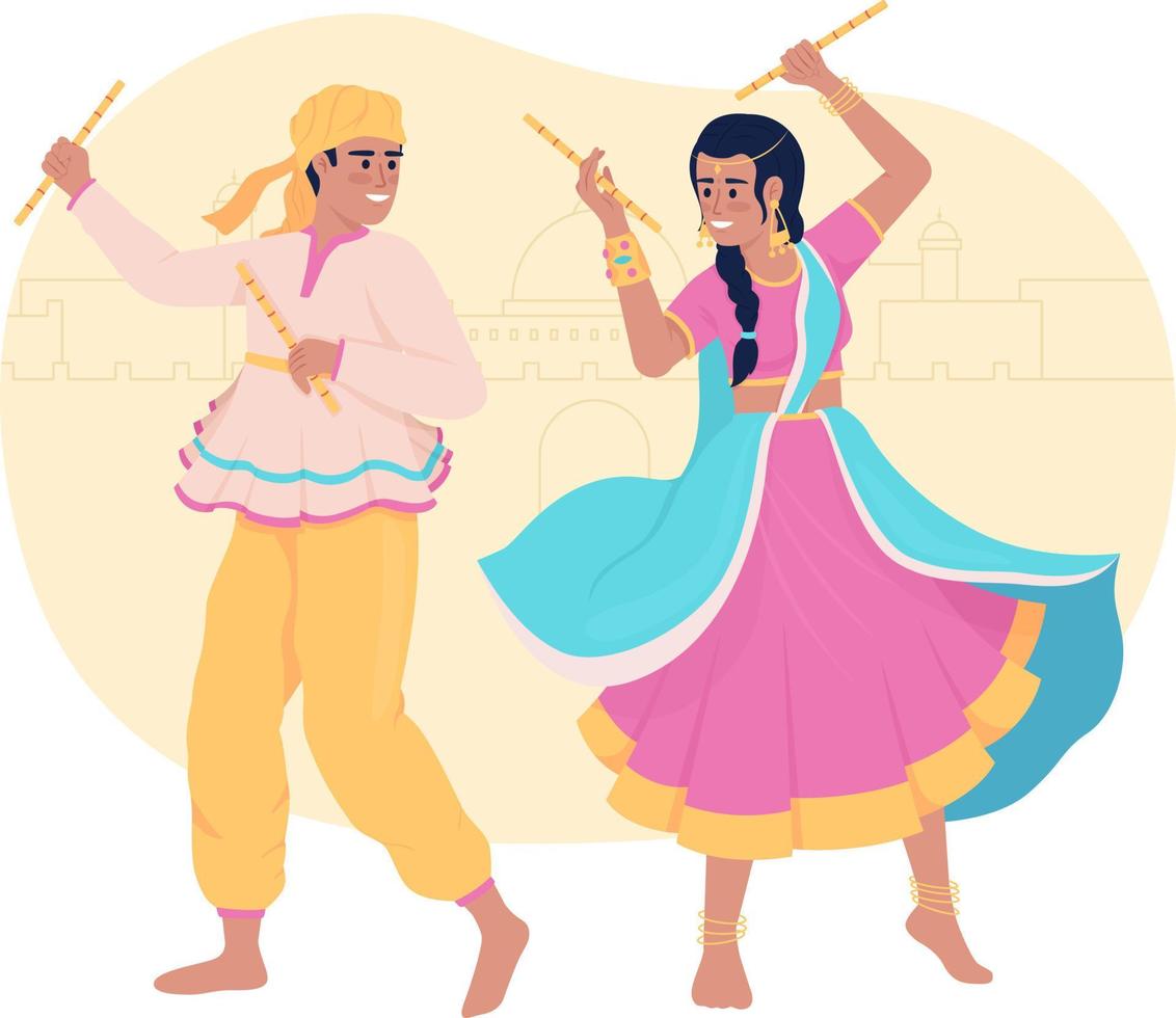 Garba dance with sticks on Diwali 2D vector isolated illustration. Couple dancing together flat characters on cartoon background. Colourful editable scene for mobile, website, presentation