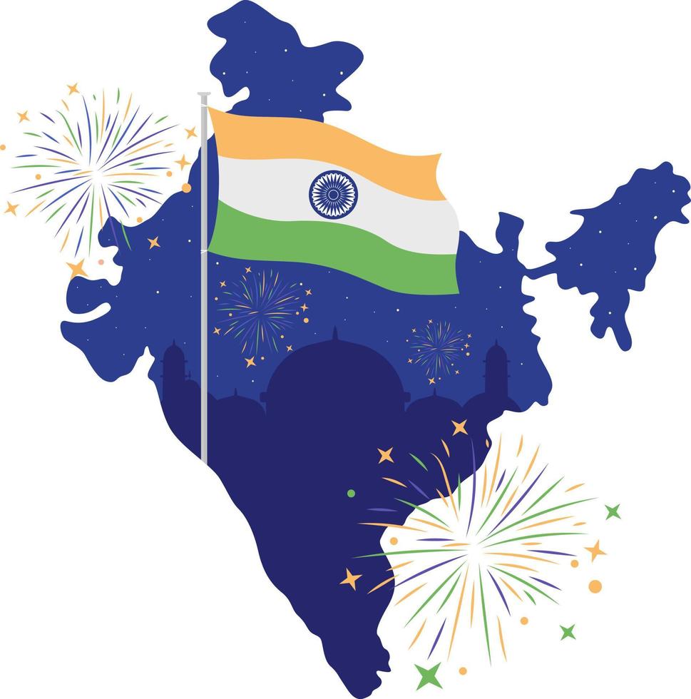 ilustración aislada del vector 2d del día de la independencia india. celebrando con fuegos artificiales y bandera plana india mapa silueta sobre fondo de dibujos animados. colorida escena editable para móvil, sitio web, presentación