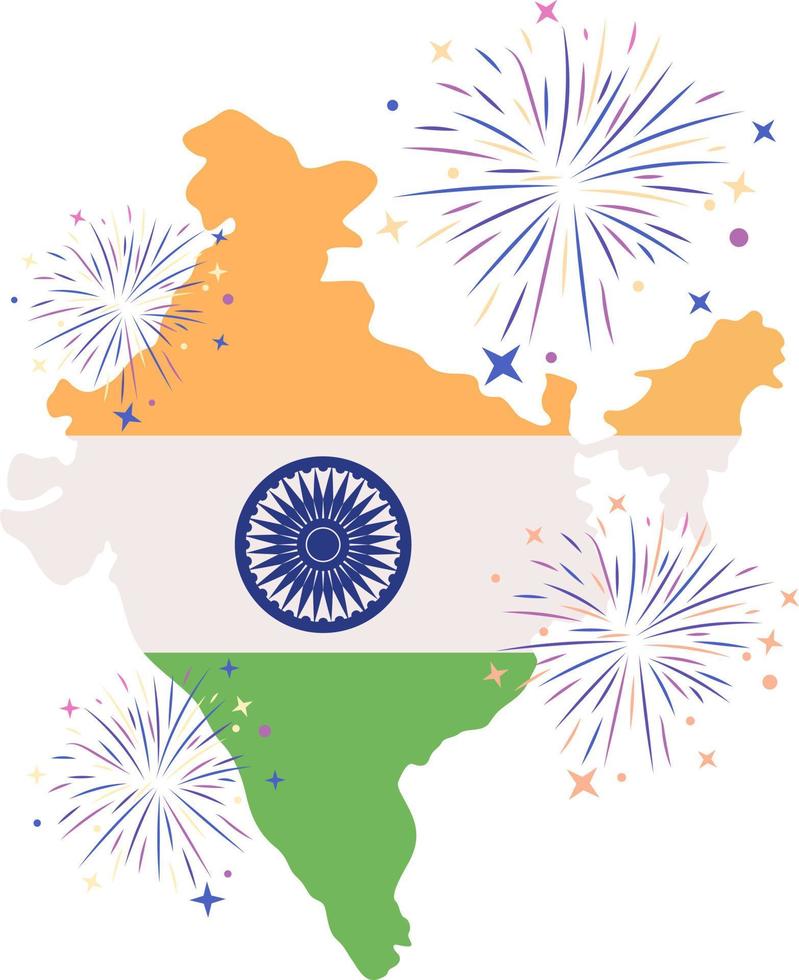 Indian national holiday 2D vector isolated illustration. Celebrating nation independence flat India map silhouette on cartoon background. Colourful editable scene for mobile, website, presentation