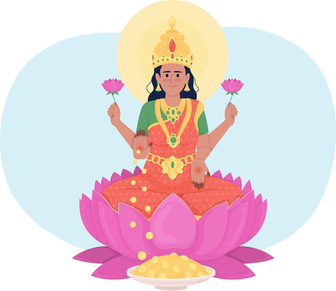 Lakshmi goddess on lotus flower 2D vector isolated illustration. Beautiful Hindu deity flat character on cartoon background. Buddhism colourful editable scene for mobile, website, presentation