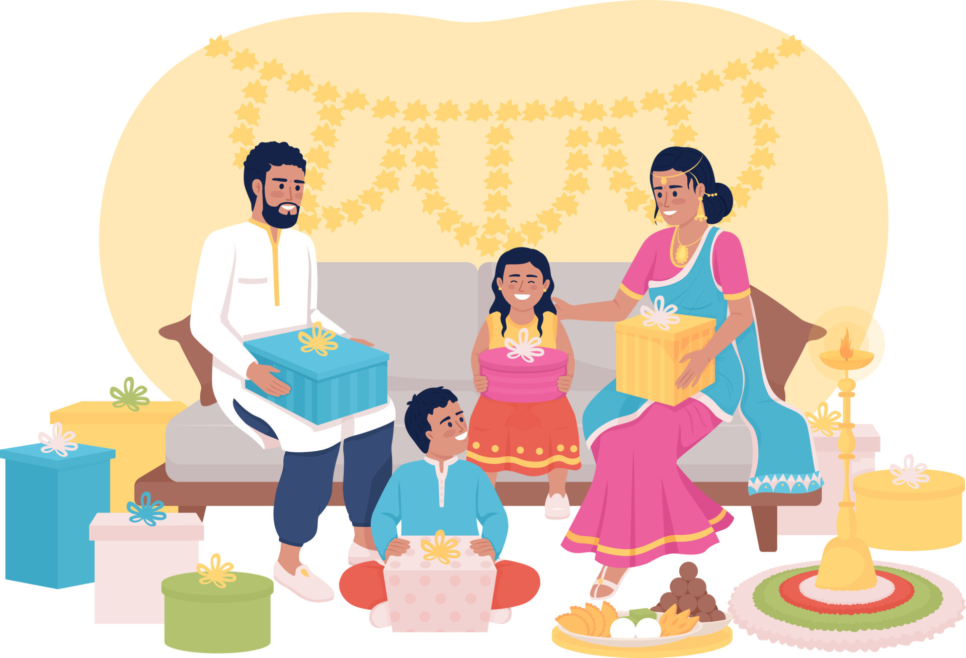 Exchange gifts tradition on Diwali 2D vector isolated illustration. Celebrating  deepavali with family flat characters on cartoon background. Colourful  editable scene for mobile, website, presentation 11808856 Vector Art at  Vecteezy