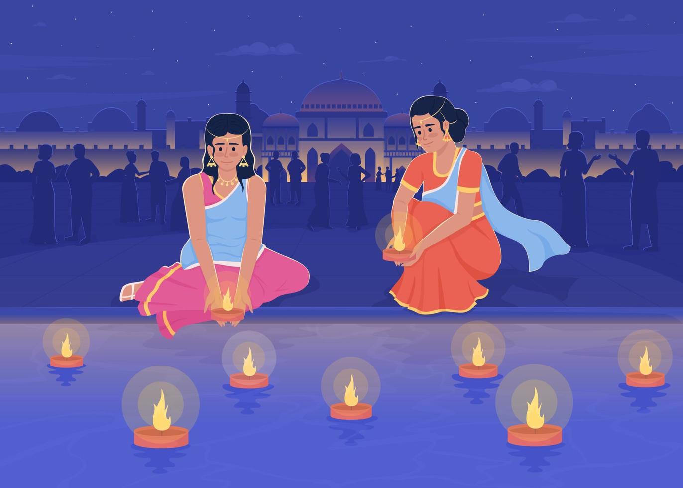 celebrando el festival de las luces en la ilustración de vector de color plano de hora azul. poner velas a la deriva en el río. costumbre de diwali. personajes de dibujos animados simples 2d completamente editables con jal mahal en el fondo